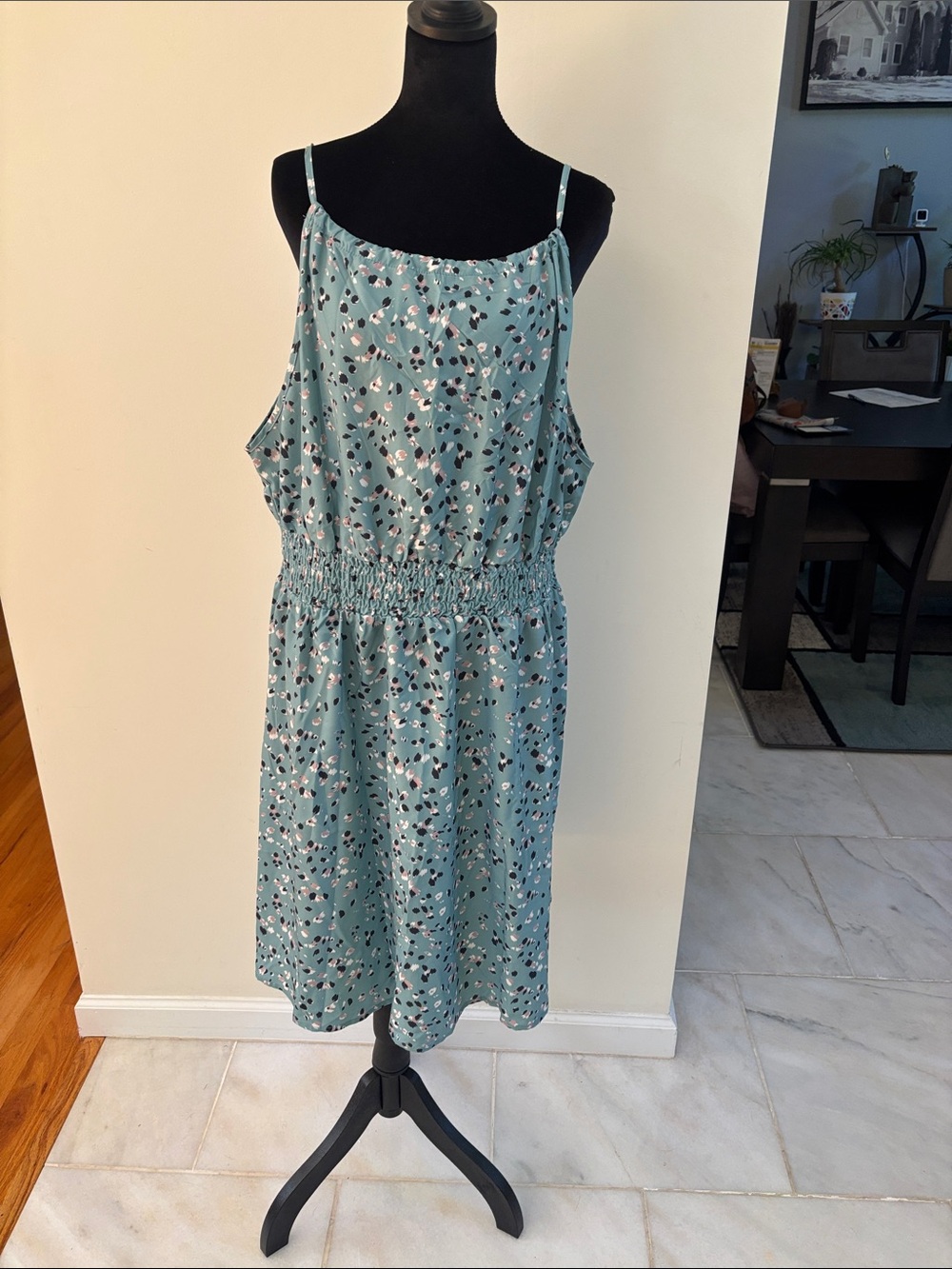 Sleeveless Teal Printed Smocked-Waist Summer Dress
